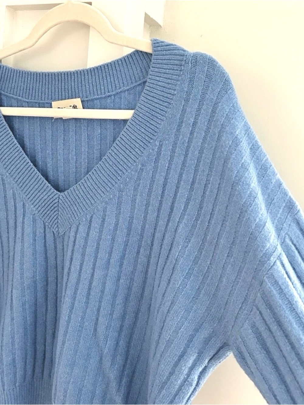 Open Edit Blue V-Neck Ribbed Sweater - Picture 5 of 8